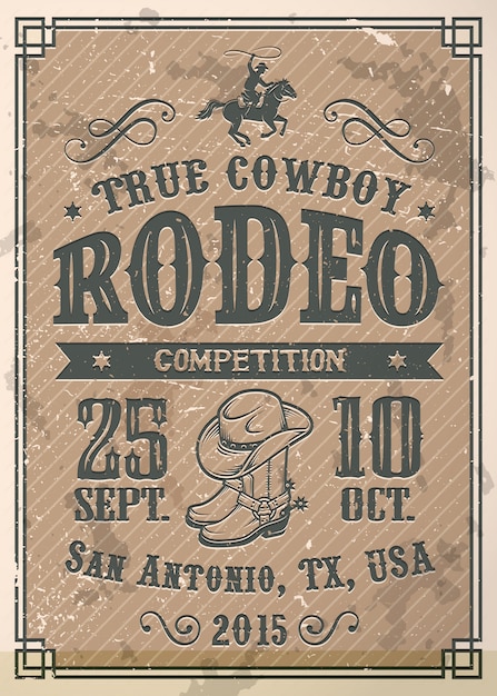 Vecteur gratuit affiche de rodéo de cow-boy américain avec typographie et texture de papier vintage