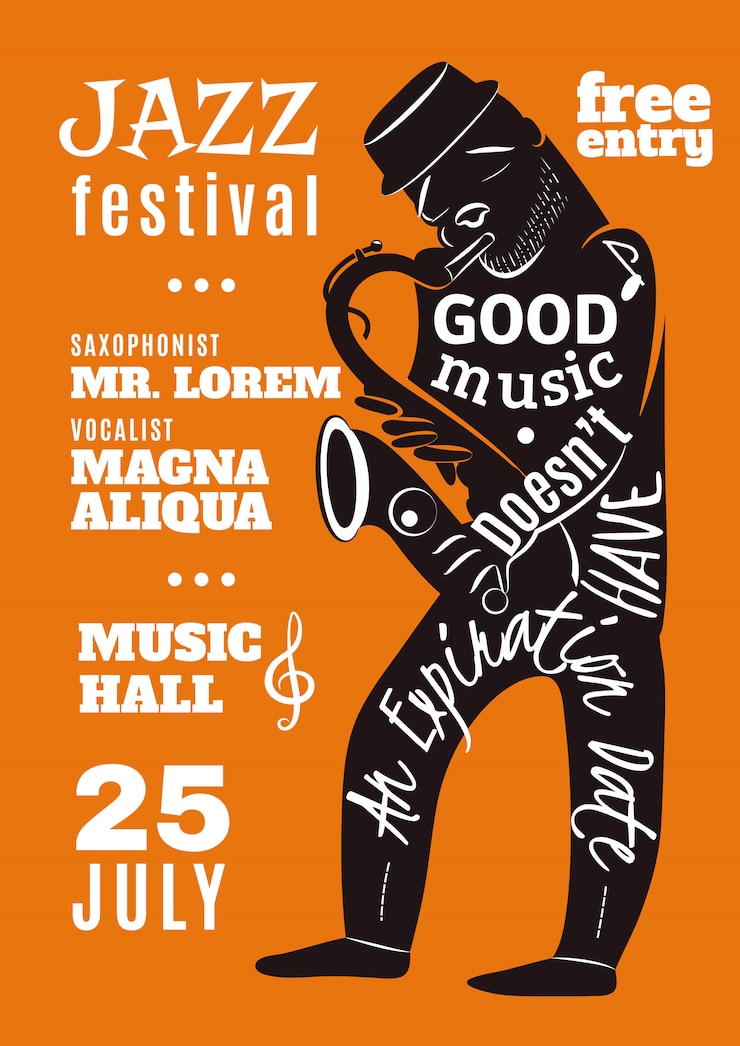 Vecteur gratuit affiche de silhouette de lettrage de festival de musique de jazz