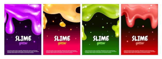 Affiche De Slime Scintillante Réaliste Sertie De Quatre Arrière-plans Verticaux Texte Orné Modifiable Et Illustration Vectorielle De Taches Liquides Colorées