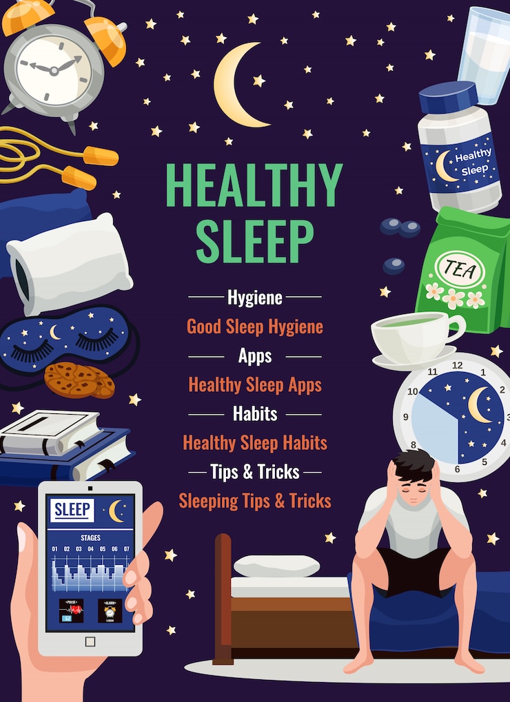 Vecteur gratuit affiche de sommeil sain avec réveil oreiller orthopédique tasse d'éléments plats de tisane dans le ciel étoilé de nuit