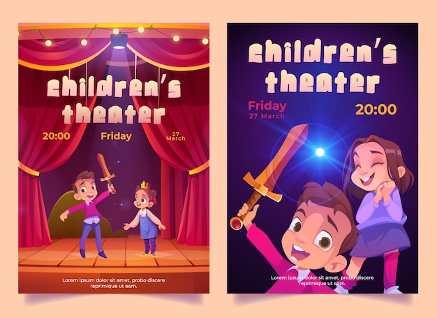 Vecteur gratuit affiche de théâtre pour enfants avec des performances de jeu pour enfants