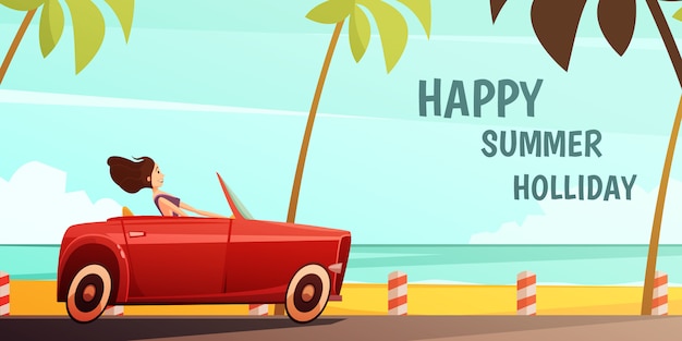 Vecteur gratuit affiche de vacances d'été île tropicale vacances avec fille conduite rétro cabriolet rouge automobile