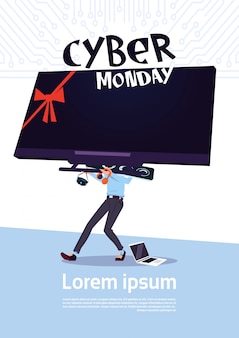 Affiche de vente de cyber monday avec un homme tenant un grand téléviseur à écran plasma sur fond blanc, bannière