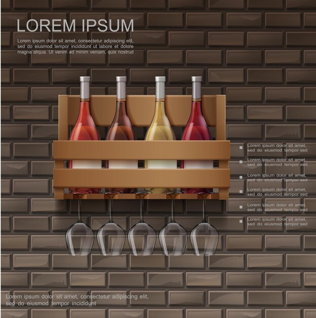 Affiche de vin réaliste avec des bouteilles pleines dans une boîte en bois et des verres à vin sur un mur de briques