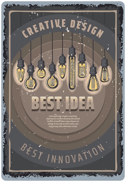 Affiche vintage d'ampoules colorées avec des inscriptions et des ampoules fluorescentes suspendues de différentes formes