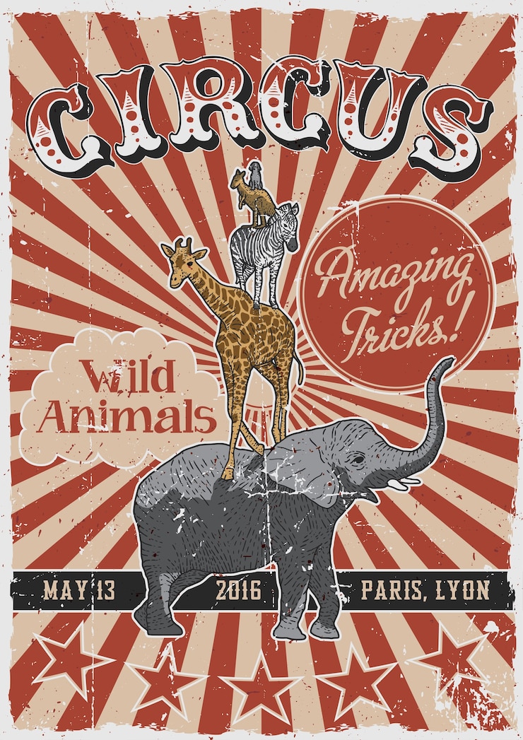 Vecteur gratuit affiche vintage de cirque avec des animaux dessinés à la main tels que l'éléphant et la girafe