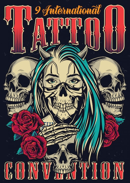 Vecteur gratuit affiche vintage de festival de tatouage coloré