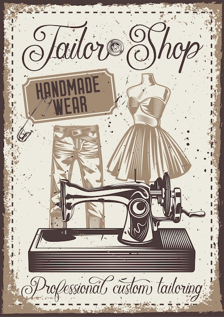 Affiche Vintage Avec Illustration D'un Pantalon, Mannequin Et Machine à Coudre