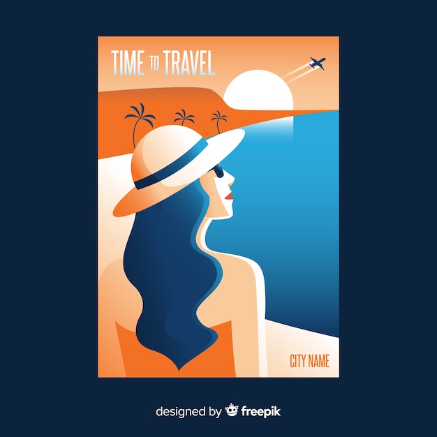 Vecteur gratuit affiche de voyage plat vintage avec plage