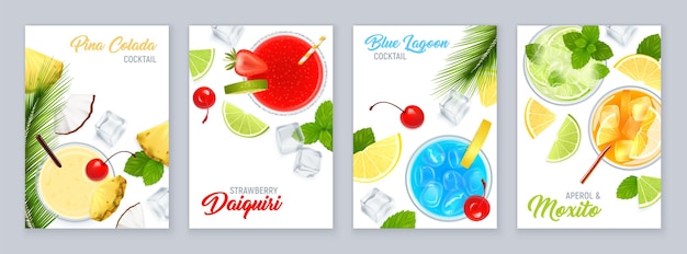 Vecteur gratuit affiche vue de dessus de cocktails sertie de fruits tropicaux et illustration réaliste