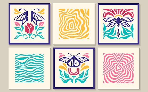 Vecteur gratuit des affiches abstraites groovy avec des papillons groovy, des fleurs de libellule, des vagues et des motifs de tourbillons