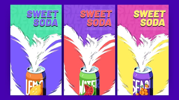 Affiches D'annonces De Soda Avec Boisson Sucrée éclaboussant De Boîtes De Conserve Jus De Fruits Frais Froid Ou Campagne De Publicité D'eau De Fruits Arrière-plan Promotionnel De Boisson Dans Le Style De Dessin Animé D'art En Ligne Illustration Vectorielle