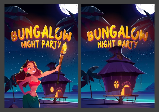 Vecteur gratuit affiches de bande dessinée de fête de nuit de bungalow