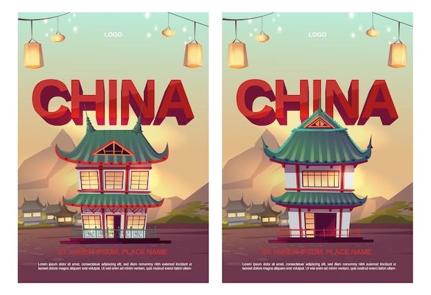 Vecteur gratuit affiches de chine avec maisons asiatiques traditionnelles