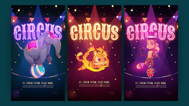 Vecteur gratuit affiches de cirque avec des artistes d'animaux