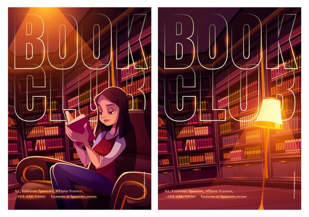 Affiches de club de lecture avec intérieur de bibliothèque et fille lit sur chaise