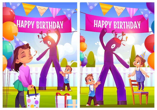 Vecteur gratuit affiches de dessin animé de célébration de joyeux anniversaire ou cartes de voeux fille célèbrent la fête avec des amis sur ho ...