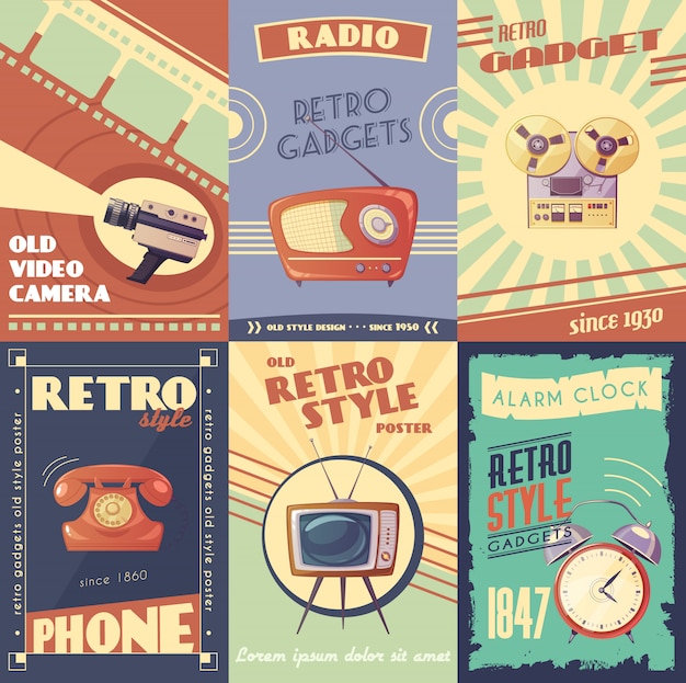 Vecteur gratuit affiches de dessin animé de gadgets rétro avec lecteur radio caméra radio téléphone radio