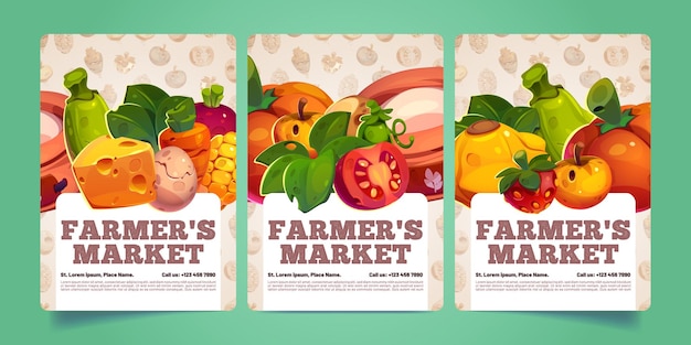 Vecteur gratuit affiches du marché des agriculteurs avec des produits de la ferme