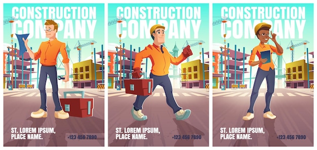 Vecteur gratuit affiches d'entreprise de construction avec des gens en casque dans la rue de la ville avec des travaux de construction. dépliants vectoriels avec illustration de dessin animé du paysage urbain avec chantier de construction, fille architecte et travailleurs