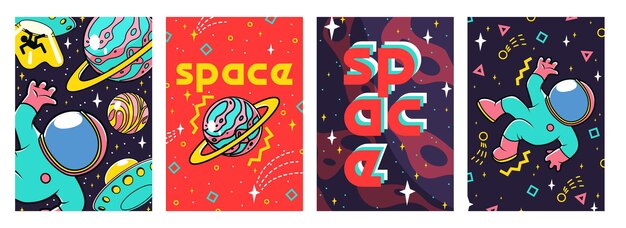 Affiches futuristes rétro avec astronaute dans l'espace