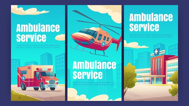 Vecteur gratuit affiches de service d'ambulance avec bâtiment hospitalier voiture médicale et hélicoptère bannières vectorielles de secours d'urgence service de premiers secours avec illustration de dessin animé de la clinique et du transport de soins