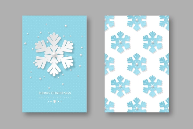 Vecteur gratuit affiches de vacances de noël avec des flocons de neige de style papier découpé. fond pointillé bleu avec texte d'accueil, illustration vectorielle.