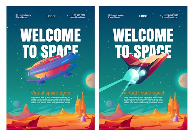 Vecteur gratuit affiches de voyage spatial virtuel avec vaisseau spatial