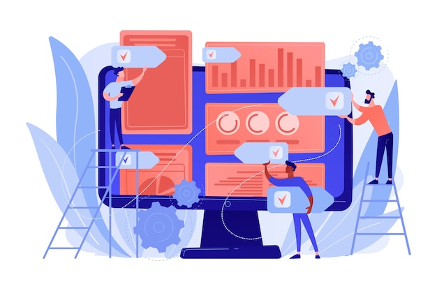 L'agence de relations publiques numériques augmente sa présence en ligne. Stratégie de relations publiques, acquisition de lien naturel et autorité de domaine, concept de notoriété de la marque et de classement des mots clés. Illustration isolée de bleu corail rose