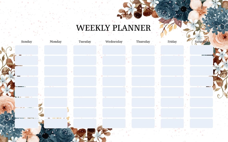 Vecteur gratuit agenda hebdomadaire floral assez rustique à l'aquarelle bleue