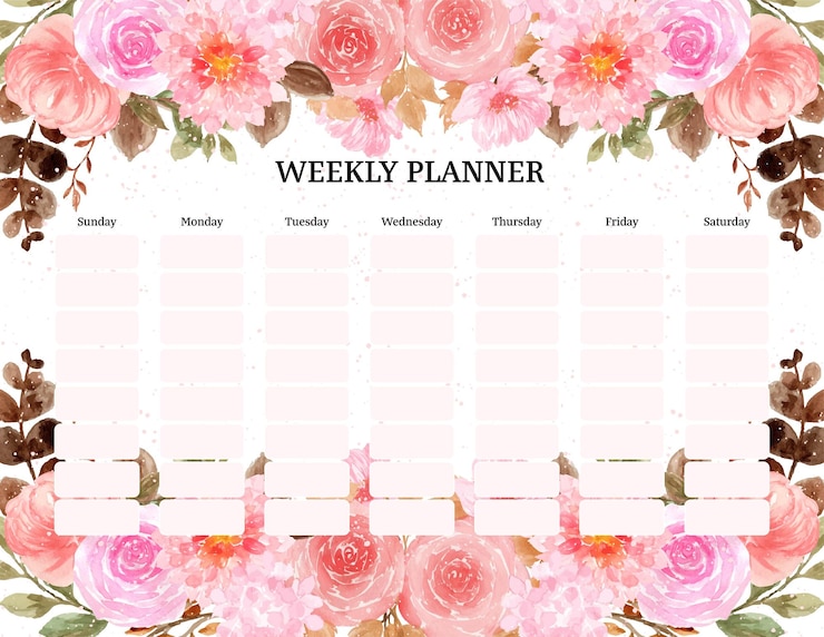 Vecteur gratuit agenda hebdomadaire floral assez rustique à l'aquarelle rose