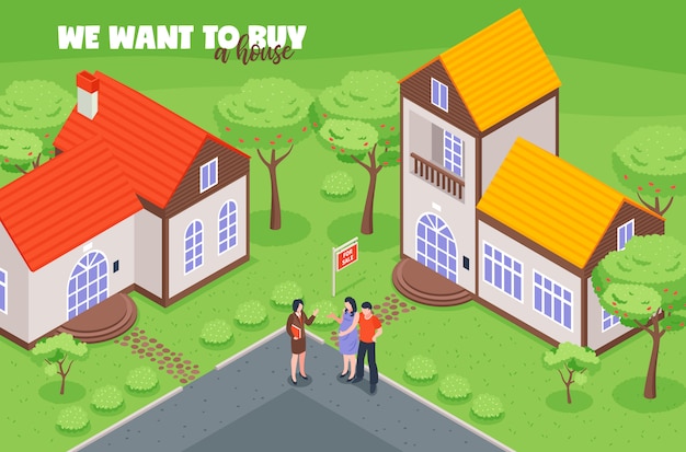 Vecteur gratuit agent immobilier avec clients acheteurs lors de la visualisation de la maison à vendre illustration vectorielle isométrique