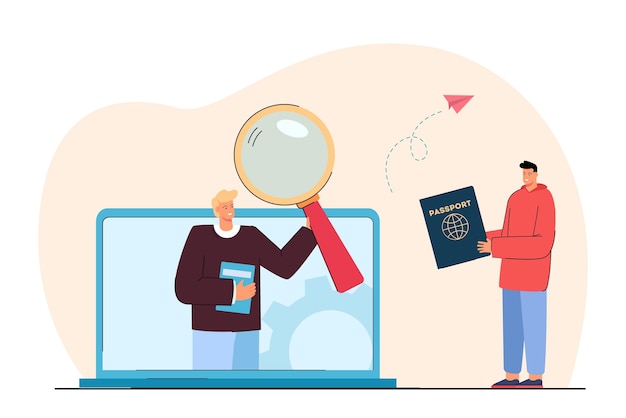 Vecteur gratuit agent de voyage sur écran d'ordinateur portable et homme avec passeport mondial