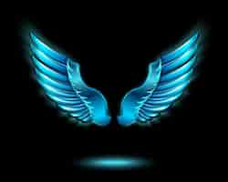 Vecteur gratuit ailes d'ange bleu brillant avec brillance de métal et ombre symbole illustration vectorielle