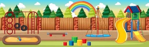 Vecteur gratuit aire de jeux pour enfants dans le parc avec arc-en-ciel dans le ciel à la scène de panorama de style dessin animé de jour
