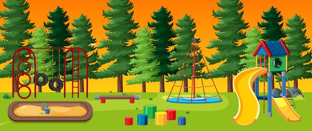 Vecteur gratuit aire de jeux pour enfants dans le parc avec ciel clair rouge et jaune et style de dessin animé de nombreux pins