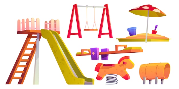 Vecteur gratuit aire de jeux pour enfants avec toboggan, bac à sable et balançoire