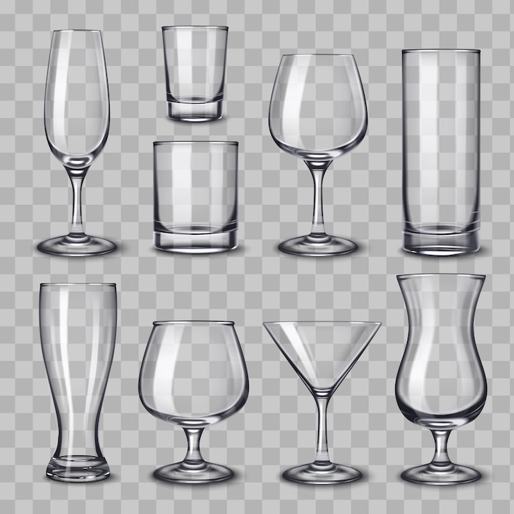 Vecteur gratuit l'alcool boit de la verrerie réaliste sertie de verres vides isolés de diverses formes classiques sur illustration vectorielle fond transparent