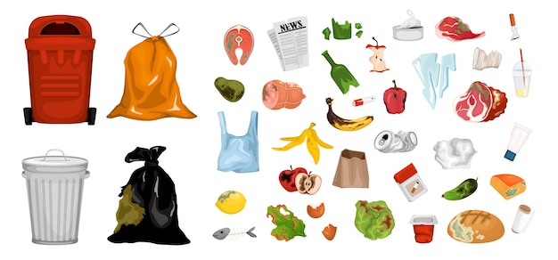 Vecteur gratuit aliments pourris et poubelles dessin animé ensemble de fruits légumes et produits à base de viande impropre à l'utilisation illustration vectorielle isolée