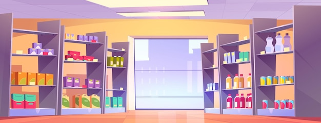 Vecteur gratuit allée de supermarché de dessin animé avec grande fenêtre
