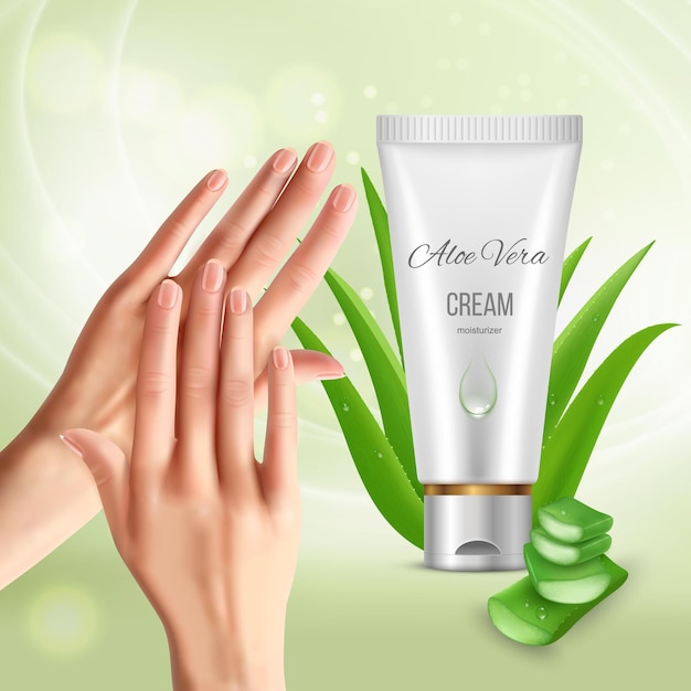 Vecteur gratuit aloe vera avec des mains humaines crème hydratante crème avec plante d'aloès et tube