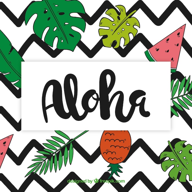 Aloha background avec des dessins de feuilles et de fruits