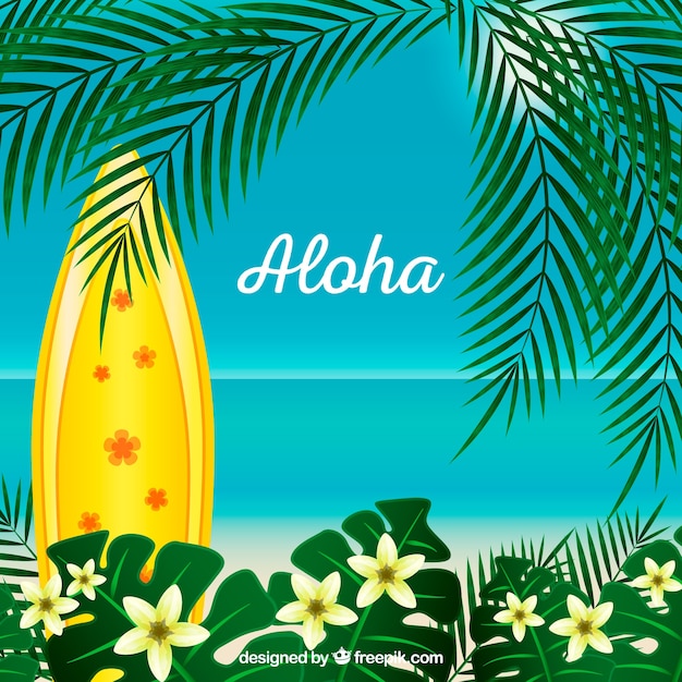 Aloha background avec le palmier et la planche de surf