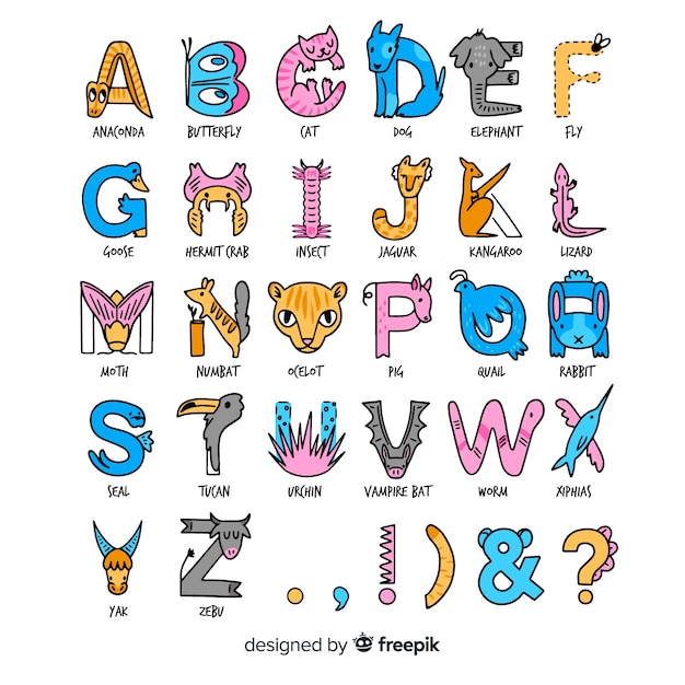 Vecteur gratuit alphabet des animaux au design plat