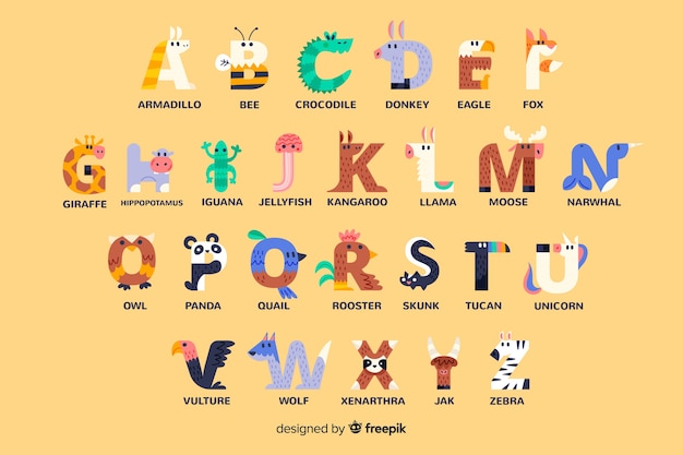 Vecteur gratuit alphabet des animaux design plat