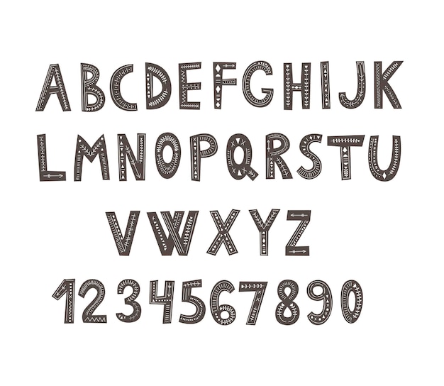 Alphabet Et Chiffres Dans Un Style Scandinave Dessin à La Main Illustration Vectorielle Vecteur Premium