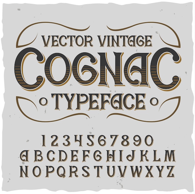 Vecteur gratuit alphabet cognac avec cadre carré et police vintage avec chiffres et lettres de lignes