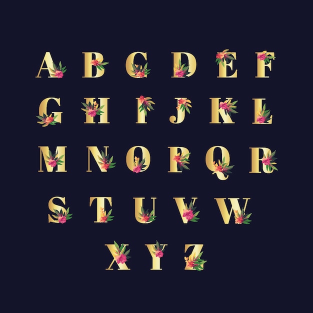 Vecteur gratuit alphabet doré avec des fleurs élégantes