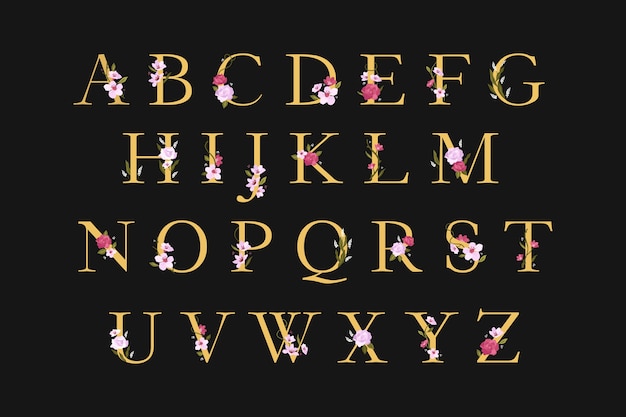 Vecteur gratuit alphabet doré avec des fleurs élégantes