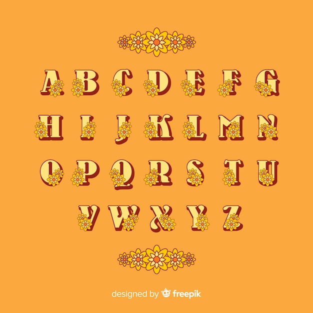 Vecteur gratuit alphabet floral dans le style des années 60 sur fond orange